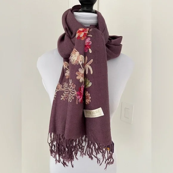 PASHMINA Floral Embroidery Oversize Pashmina Silk Blend Travel Luxury Cozy Chic - Picture 3 of 13